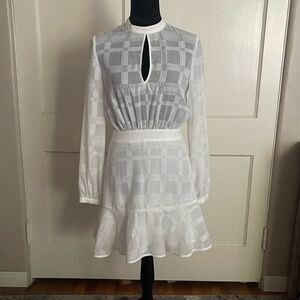 Finders White Semi Sheer Dress with High Neck Long Sleeves Size S Flared Skirt